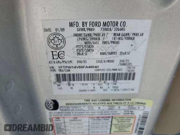 2009 Ford F-150 XL with VIN 1FTPW14V69FA48640, listed as a Copart auction lot 65913475 with 134,839 mi miles and Salvage title. Bid and sale history available at DreamBid. Image 12.