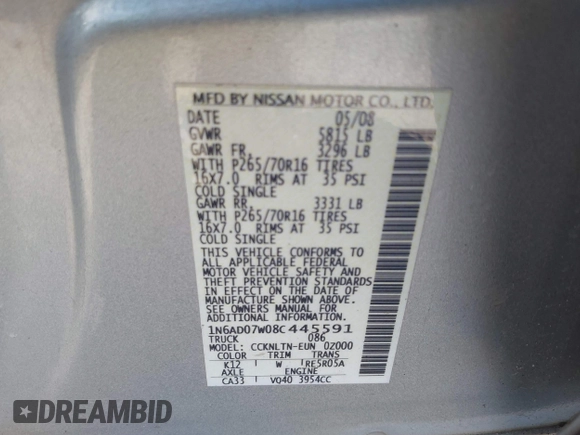 2008 Nissan Frontier SE with VIN 1N6AD07W08C445591, listed as a IAAI auction lot 41942470 with 195,055 mi miles and . Bid and sale history available at DreamBid. Image 9.