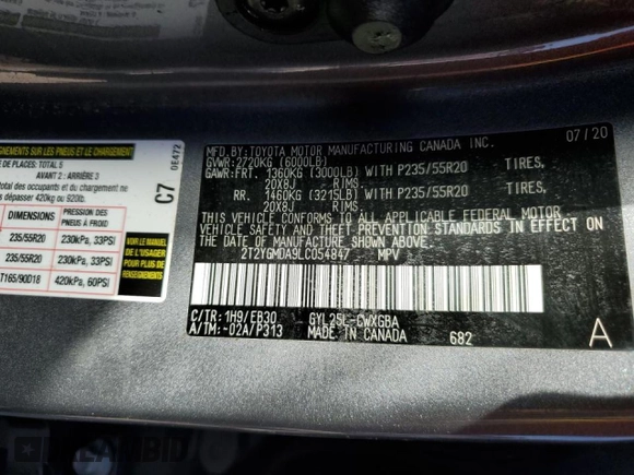 2020 Lexus RX with VIN 2T2YGMDA9LC054847, listed as a Copart auction lot 63568432 with 0 mi miles. Bid and sale history available at carsss.com. Image 10.