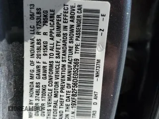 2013 Honda Civic LX with VIN 19XFB2F56DE052569, listed as a Copart auction lot 48957345 with 194,649 mi miles and Salvage Title. Bid and sale history available at DreamBid. Image 12.