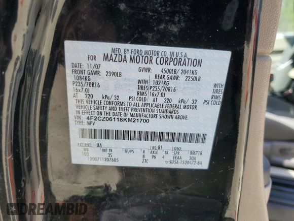 2008 Mazda Tribute ES with VIN 4F2CZ06118KM21700, listed as a Copart auction lot 50431615 with 229,544 mi miles and Salvage Title. Bid and sale history available at carsss.com. Image 13.