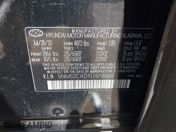 2020 Hyundai Santa Fe SE z VIN 5NMS2CAD9LH258060, wystawiony jako IAAI lot #42146082 z przebiegiem 29 351 mil mil oraz . Historia ofert i sprzedaży dostępna na DreamBid. Obrazek 9.