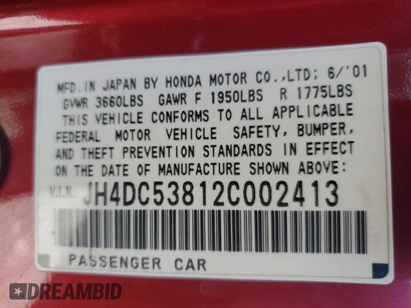 2002 Acura RSX Manual z VIN JH4DC53812C002413, wystawiony jako Copart lot #58204645 z przebiegiem 239 861 mil mil oraz Szkoda całkowita • Salvage title. Historia ofert i sprzedaży dostępna na DreamBid. Obrazek 12.