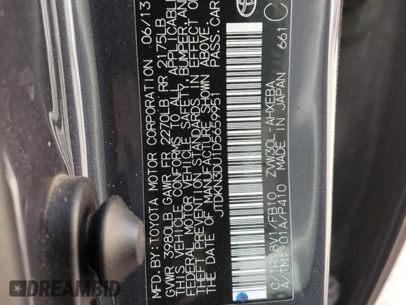 2013 Toyota Prius One with VIN JTDKN3DU1D5659951, listed as a Copart auction lot 49708025 with 125,471 mi miles and Salvage Title. Bid and sale history available at carsss.com. Image 14.