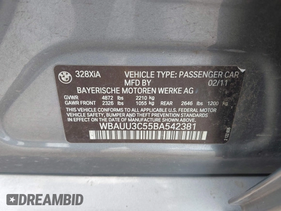 2011 BMW 3 Series 328i xDrive with VIN WBAUU3C55BA542381, listed as a IAAI auction lot 42434842 with 173,946 mi miles and . Bid and sale history available at DreamBid. Image 9.
