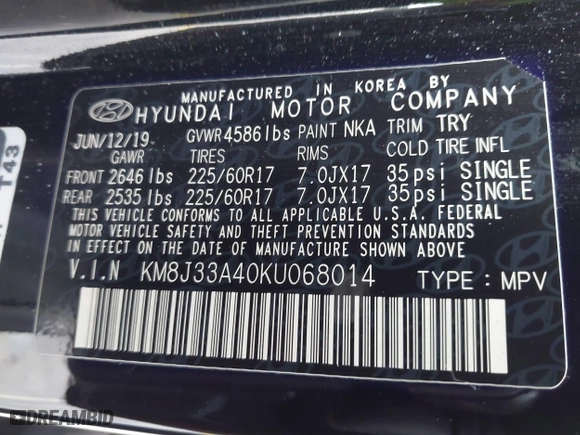 2019 Hyundai Tucson Value with VIN KM8J33A40KU068014, listed as a IAAI auction lot 40877057 with 34,966 mi miles. Bid and sale history available at carsss.com. Image 9.