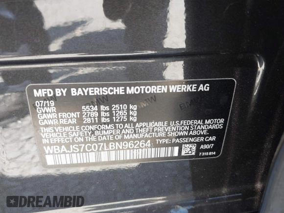 2020 BMW 5 Series M550i xDrive z VIN WBAJS7C07LBN96264, wystawiony jako IAAI lot #42478429 z przebiegiem 46 035 mil mil oraz . Historia ofert i sprzedaży dostępna na DreamBid. Obrazek 9.