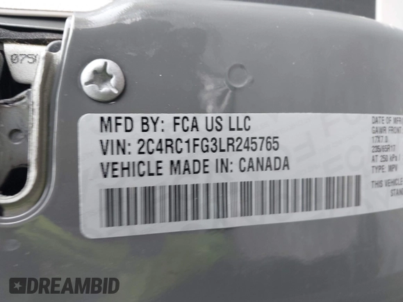 2020 Chrysler Pacifica Touring with VIN 2C4RC1FG3LR245765, listed as a IAAI auction lot 42069689 with 40,869 mi miles and . Bid and sale history available at DreamBid. Image 9.