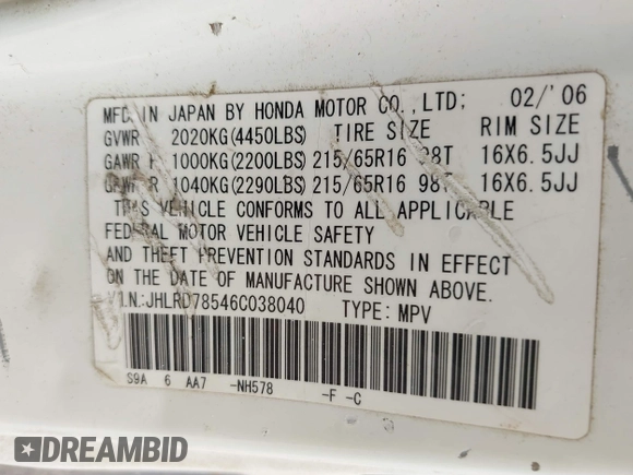 2006 Honda CR-V LX with VIN JHLRD78546C038040, listed as a IAAI auction lot 42196762 with 339,498 mi miles and . Bid and sale history available at carsss.com. Image 9.