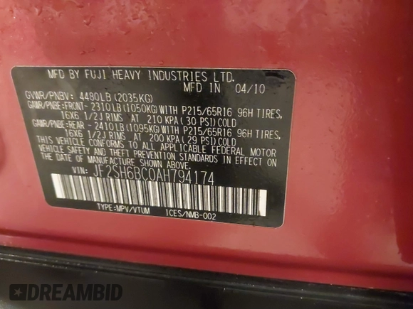 2010 Subaru Forester X с VIN JF2SH6BC0AH794174, выставлен на аукционе IAAI как лот 41436294 с пробегом 80 374 миль миль и . История ставок и продаж доступна на DreamBid. Изображение 9.