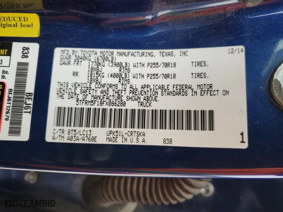 2015 Toyota Tundra 2WD Truck SR with VIN 5TFRM5F18FX086280, listed as a Copart auction lot 41802645 with 132,671 mi miles and Salvage Title. Bid and sale history available at carsss.com. Image 14.