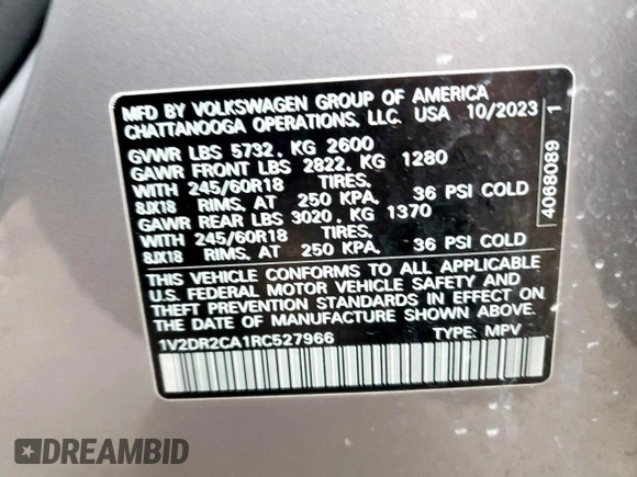 2024 Volkswagen Atlas SE z VIN 1V2DR2CA1RC527966, wystawiony jako Copart lot #55614245 z przebiegiem 38 734 mil mil oraz Szkoda całkowita • Salvage title. Historia ofert i sprzedaży dostępna na DreamBid. Obrazek 14.