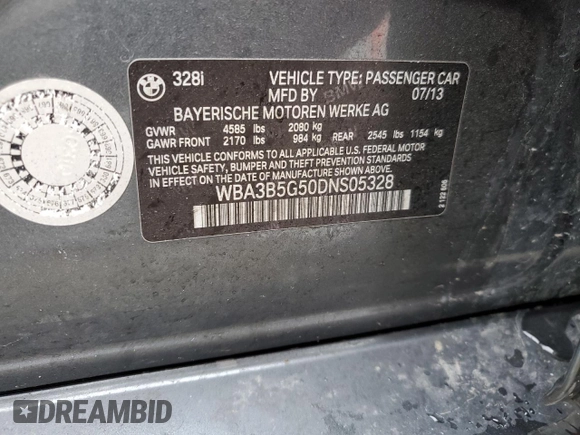 2013 BMW 3 Series 328i xDrive with VIN WBA3B5G50DNS05328, listed as a Copart auction lot 52989285 with 125,516 mi miles and Salvage title. Bid and sale history available at DreamBid. Image 12.