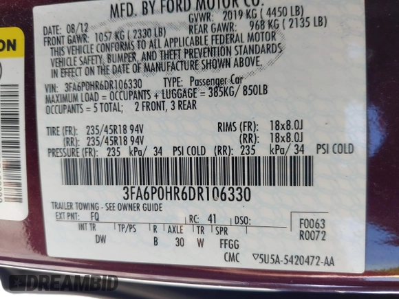 2013 Ford Fusion SE with VIN 3FA6P0HR6DR106330, listed as a IAAI auction lot 41706517 with 116,606 mi miles and . Bid and sale history available at DreamBid. Image 9.