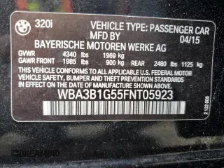 2015 BMW 3 Series 320i with VIN WBA3B1G55FNT05923, listed as a Copart auction lot 51342255 with 3,060 mi miles and Salvage Title. Bid and sale history available at carsss.com. Image 12.