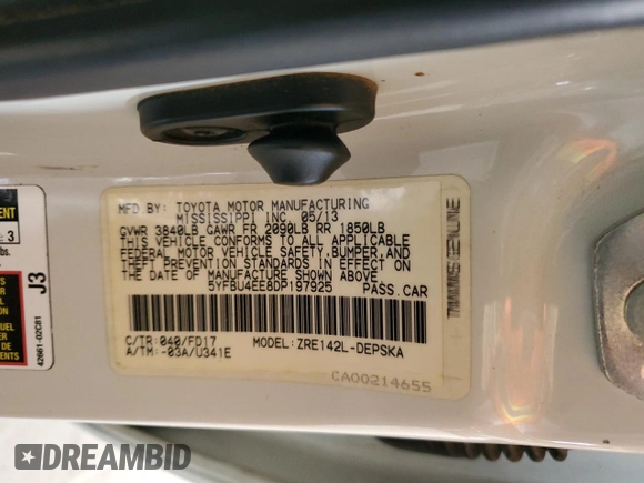 2013 Toyota Corolla L with VIN 5YFBU4EE8DP197925, listed as a Copart auction lot 55653975 with 155,971 mi miles and Salvage Title. Bid and sale history available at DreamBid. Image 12.