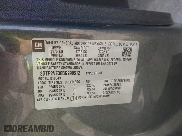 2011 GMC Sierra 1500 SLE with VIN 3GTP2VE36BG290512, listed as a IAAI auction lot 42706204 with 104,590 mi miles and . Bid and sale history available at DreamBid. Image 9.