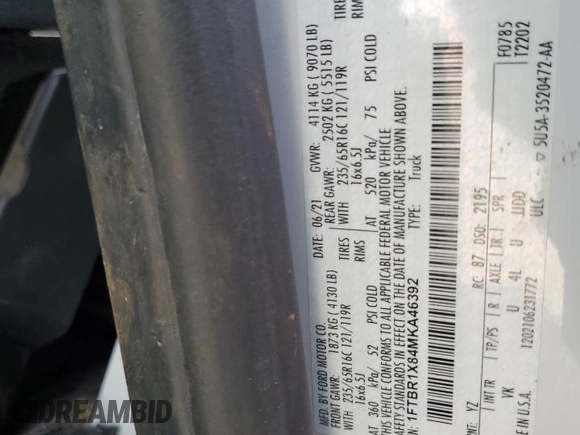 2021 Ford Transit Cargo with VIN 1FTBR1X84MKA46392, listed as a Copart auction lot 47795405 with 50,592 mi miles and Salvage title. Bid and sale history available at DreamBid. Image 13.