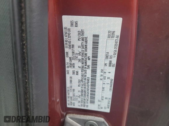 2014 Ford Escape SE with VIN 1FMCU9GXXEUD76953, listed as a Copart auction lot 56340015 with 118,327 mi miles and Salvage title. Bid and sale history available at DreamBid. Image 13.