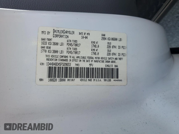 2005 Dodge Durango SLT with VIN 1D4HB48DX5F529653, listed as a Copart auction lot 44368905 with 136,743 mi miles and Salvage title. Bid and sale history available at DreamBid. Image 14.