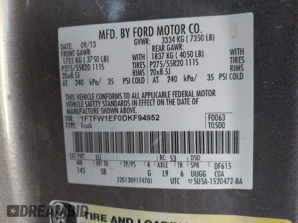 2013 Ford F-150 XL с VIN 1FTFW1EF0DKF94952, выставлен на аукционе IAAI как лот 41213015 с пробегом Не указан миль и . История ставок и продаж доступна на DreamBid. Изображение 9.