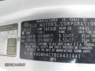 2012 Kia Sedona EX with VIN KNDMH4C78C6431441, listed as a IAAI auction lot 42013427 with 213,147 mi miles. Bid and sale history available at carsss.com. Image 9.
