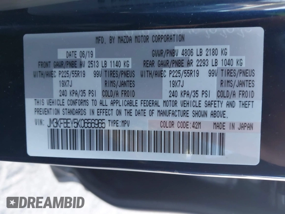 2019 Mazda CX-5 Signature with VIN JM3KFBEY5K0656965, listed as a IAAI auction lot 41421453 with 99,073 mi miles. Bid and sale history available at carsss.com. Image 9.