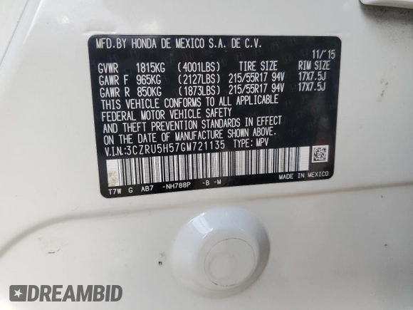 2016 Honda HR-V EX with VIN 3CZRU5H57GM721135, listed as a Copart auction lot 52879295 with 97,050 mi miles and Salvage Title. Bid and sale history available at carsss.com. Image 12.