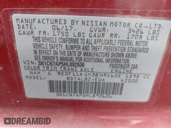2017 Nissan Versa S Plus с VIN 3N1CN7AP5HL892606, выставлен на аукционе IAAI как лот 42522500 с пробегом 128 389 миль миль и . История ставок и продаж доступна на DreamBid. Изображение 9.