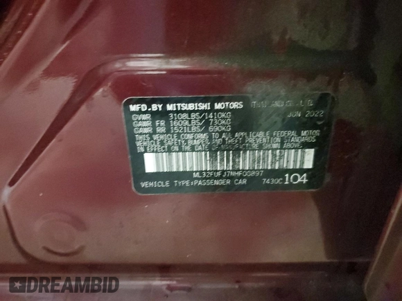2022 Mitsubishi Mirage ES z VIN ML32FUFJ7NHF08897, wystawiony jako Copart lot #48678155 z przebiegiem 80 082 mil mil oraz Szkoda całkowita • Salvage title. Historia ofert i sprzedaży dostępna na DreamBid. Obrazek 12.