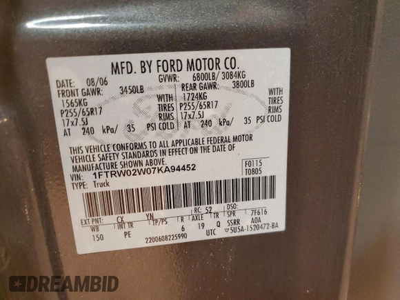 2007 Ford F-150 XLT with VIN 1FTRW02W07KA94452, listed as a Copart auction lot 47552485 with 335,643 mi miles and Salvage title. Bid and sale history available at DreamBid. Image 14.