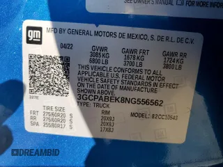 2022 Chevrolet Silverado 1500 Custom with VIN 3GCPABEK8NG556562, listed as a Copart auction lot 79316624 with 59,196 mi miles and Salvage Title. Bid and sale history available at DreamBid. Image 12.