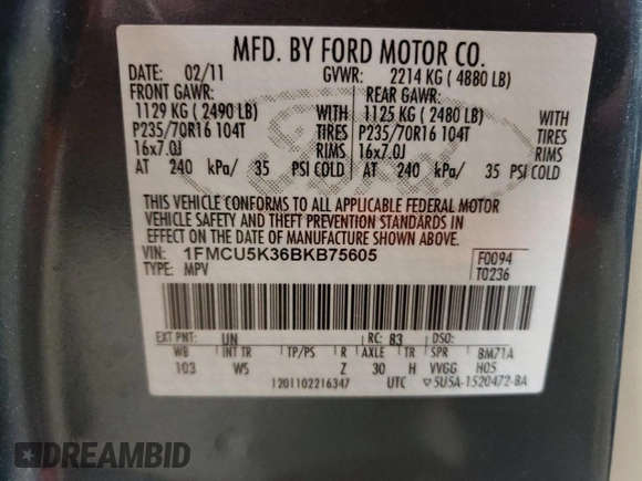 2011 Ford Escape Hybrid with VIN 1FMCU5K36BKB75605, listed as a Copart auction lot 47722395 with 62,661 mi miles and Salvage title. Bid and sale history available at DreamBid. Image 12.