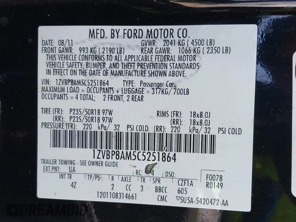 2012 Ford Mustang V6 Premium with VIN 1ZVBP8AM5C5251864, listed as a IAAI auction lot 42087587 with 171,417 mi miles. Bid and sale history available at carsss.com. Image 9.