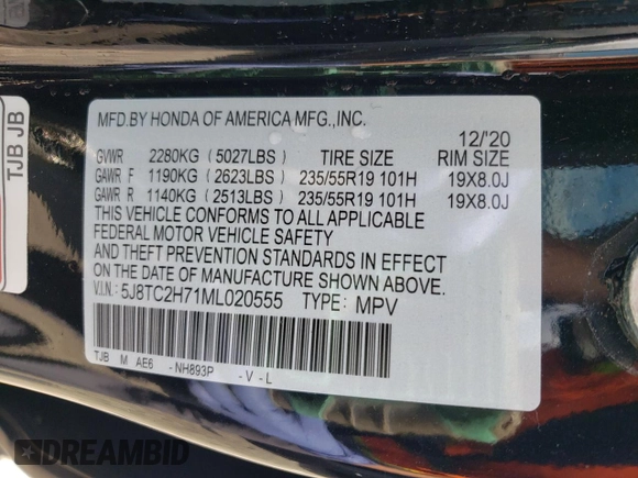 2021 Acura RDX Advance with VIN 5J8TC2H71ML020555, listed as a Copart auction lot 54877845 with 36,600 mi miles and Salvage title. Bid and sale history available at DreamBid. Image 14.