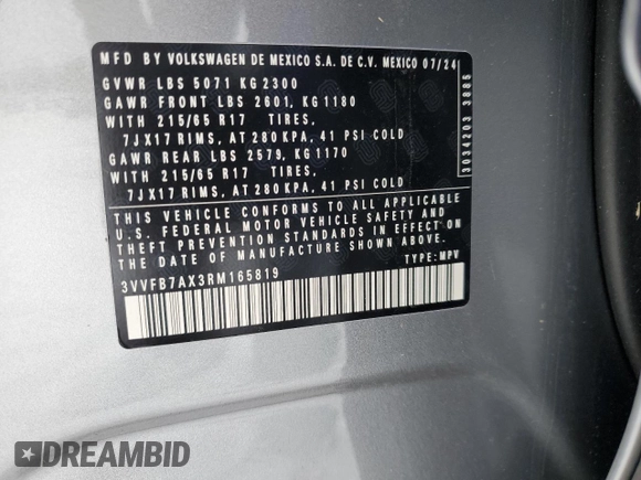 2024 Volkswagen Tiguan S with VIN 3VVFB7AX3RM165819, listed as a Copart auction lot 44740345 with Not provided miles and Salvage title. Bid and sale history available at DreamBid. Image 13.