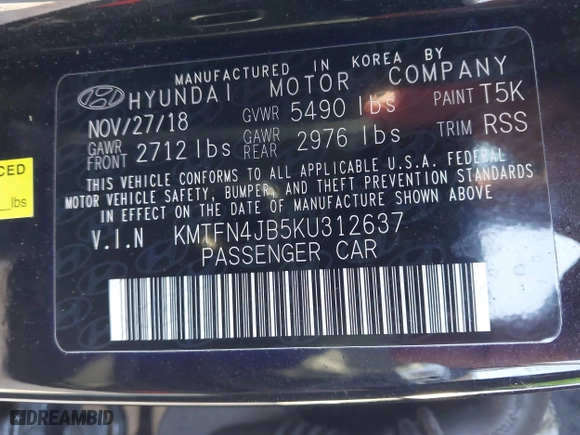 2019 Genesis G80 3.3T Sport with VIN KMTFN4JB5KU312637, listed as a IAAI auction lot 41985513 with 34,536 mi miles. Bid and sale history available at carsss.com. Image 9.