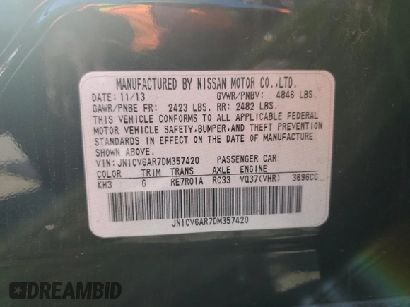 2013 Infiniti G37 x with VIN JN1CV6AR7DM357420, listed as a Copart auction lot 46552985 with Not Provided miles and Salvage Title. Bid and sale history available at DreamBid. Image 12.