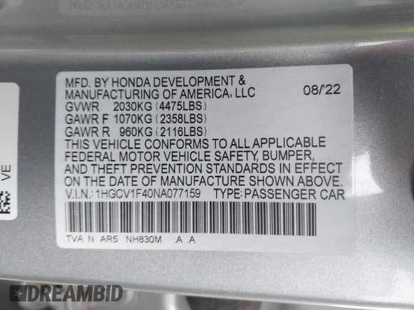 2022 Honda Accord Sedan Sport SE with VIN 1HGCV1F40NA077159, listed as a IAAI auction lot 41620062 with 31,396 mi miles. Bid and sale history available at carsss.com. Image 9.