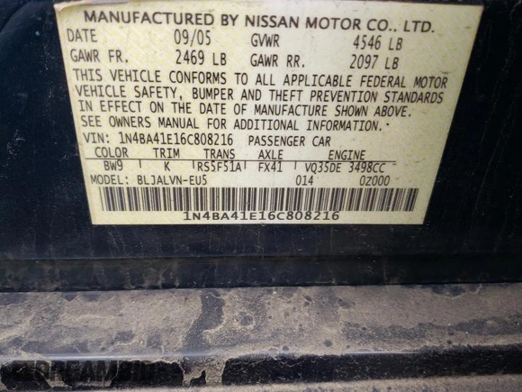 2006 Nissan Maxima SL with VIN 1N4BA41E16C808216, listed as a Copart auction lot 53115955 with 215,476 mi miles and Salvage title. Bid and sale history available at DreamBid. Image 12.