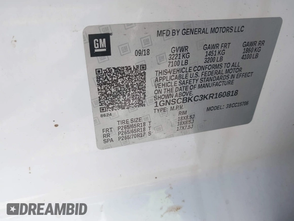 2019 Chevrolet Tahoe LT with VIN 1GNSCBKC3KR160818, listed as a IAAI auction lot 41787468 with 174,691 mi miles and . Bid and sale history available at DreamBid. Image 9.