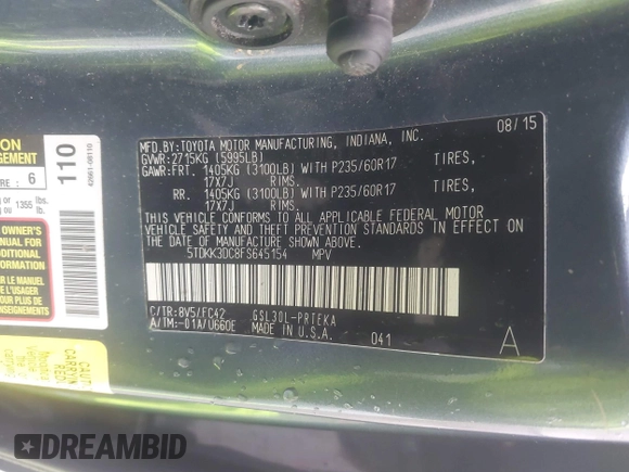 2015 Toyota Sienna LE AAS with VIN 5TDKK3DC8FS645154, listed as a IAAI auction lot 41513731 with 120,368 mi miles. Bid and sale history available at carsss.com. Image 9.