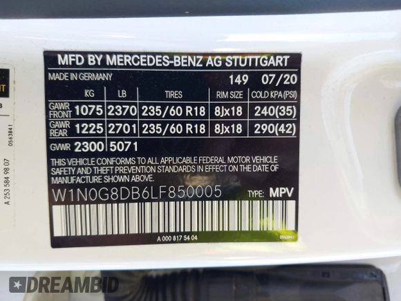 2020 Mercedes-Benz GLC 300 with VIN W1N0G8DB6LF850005, listed as a IAAI auction lot 42526148 with 21,700 mi miles and . Bid and sale history available at DreamBid. Image 9.