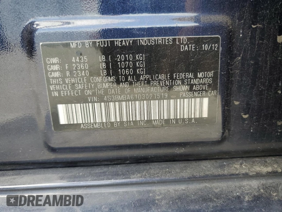 2013 Subaru Legacy 2.5i with VIN 4S3BMBA61D3021519, listed as a Copart auction lot 52733675 with 117,599 mi miles and Salvage title. Bid and sale history available at DreamBid. Image 13.