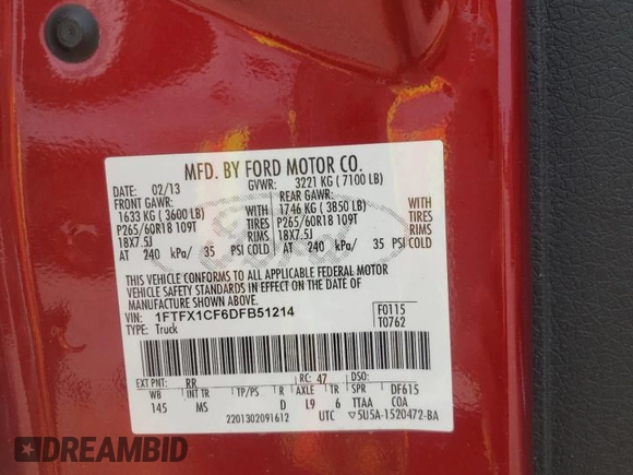 2013 Ford F-150 XL with VIN 1FTFX1CF6DFB51214, listed as a Copart auction lot 59024575 with 82,024 mi miles and Salvage title. Bid and sale history available at DreamBid. Image 12.