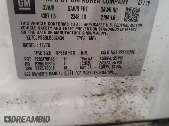 2020 Chevrolet Trax LT z VIN KL7CJPSB9LB002434, wystawiony jako Copart lot #57963955 z przebiegiem 44 090 mil mil oraz Szkoda całkowita • Salvage title. Historia ofert i sprzedaży dostępna na DreamBid. Obrazek 13.