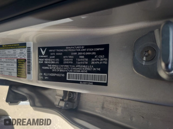 2023 VinFast VF 8 Eco с VIN RLLV1AEB5PH002749, выставлен на аукционе Copart как лот 61365875 с пробегом 5 630 миль миль и Списание • Salvage title. История ставок и продаж доступна на DreamBid. Изображение 10.