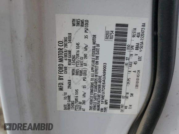 2010 Ford Explorer XLT с VIN 1FMEU7DE6AUA99003, выставлен на аукционе Copart как лот 60277095 с пробегом 92 212 миль миль и Списание • Salvage title. История ставок и продаж доступна на DreamBid. Изображение 13.