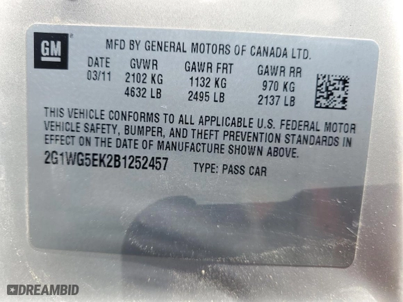 2011 Chevrolet Impala LT Fleet with VIN 2G1WG5EK2B1252457, listed as a Copart auction lot 51640765 with 137,811 mi miles and Salvage Title. Bid and sale history available at carsss.com. Image 12.