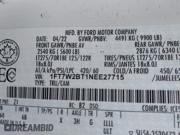 2022 Ford F-250 XL with VIN 1FT7W2BT1NEE27715, listed as a IAAI auction lot 42269588 with 77,147 mi miles and . Bid and sale history available at DreamBid. Image 9.